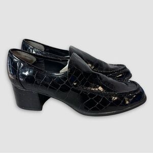 Vintage Black Y2K 90s Womens Black Croc Pleather Chunky Heel Shoes Size 10